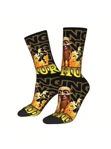 1pc Men'S Novelty Crew Socks - Tung Tung Sahur Italian Brainrot Design, Vibrant Yellow & Black Abstract Patterns, Soft Polyester Blend, Comfortable Casual Wear, Novelty Socks