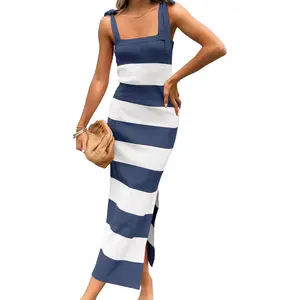 Saodimallsu Women's Summer Sleeveless Bodycon Sweater Dress Striped Knit Square Neck Side Slit Midi Tank Dress for Trendy Vacation Outfits Casual Fabric Womenswear Womenswear Chic Chic Elegance Swimsuit Elegance Clothes