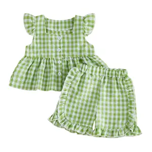 Toddler Baby Girl Two Piece Gingham Outfit Ruffle Sleeveless Plaid Button Down Tunic Dress Tank Tops and Shorts Summer Clothes