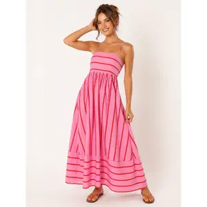 CHARTOU Women's Striped Back Smocked Maxi Dress Sexy Spaghetti Strap Cut Out Flowy Swing Long Dress