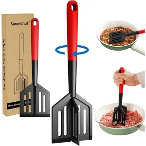 2-in-1 Potato Masher Meat Chopper Spatula Multi-Use Ground Beef Chopper Tool Meat Masher and Vegetable Cutter for Cooking Red Black Color