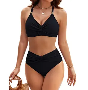 Blooming Jelly Women's High Waisted Bikini Sets Metal Tummy Control Swimsuits V Neck Twist Front Bathing Suit
