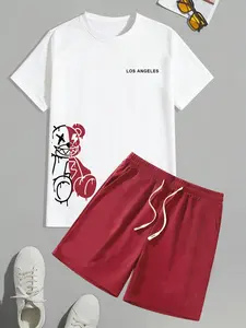 Men's Summer Letter Bear Print Round Neck T-Shirt + Outdoor Sports Casual Drawstring Shorts Set, Fitted Style, No Zipper