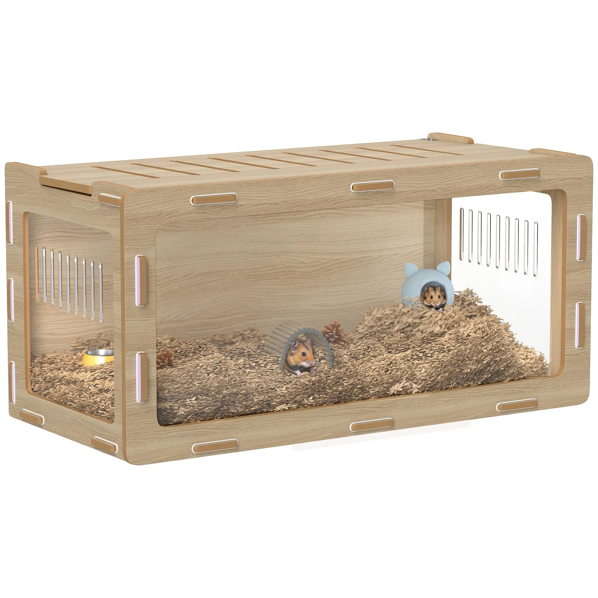 PawHut Hamster Cage with Easy View Acrylic Panels, Small Animal Cage with Air Vents & Openable Roof, Large Habitat for Dwarf, Gerbil, Guinea Pig, Rat, 39" x 20" x 18.5", Oak