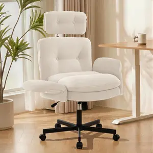 [SummerVibes] Vabches Criss Cross Chair with Adjustable Arms&Hight Back,Thicken Wide Seat Home Office Chair,Lounge Makeup Vanity Chairs with Side Pockets,Comfy Cross Legged Desk Chair
