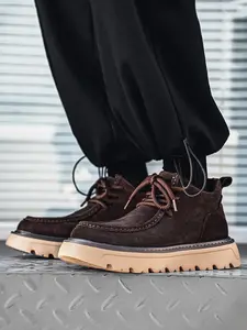 Men's Caramel Suede Platform Work Shoes, Retro Casual Style, Suede Material + Hemp Rope Laces + Platform Non-Slip Sole, Caramel Warm, Retro Style , Ideal for Daily Outfits & Light Outdoor Scenarios
