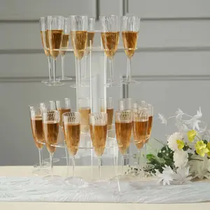3-Tier Round Champagne Glass Holder Tower Clear Acrylic + 1 Bottle for Professional & Home Use 21"