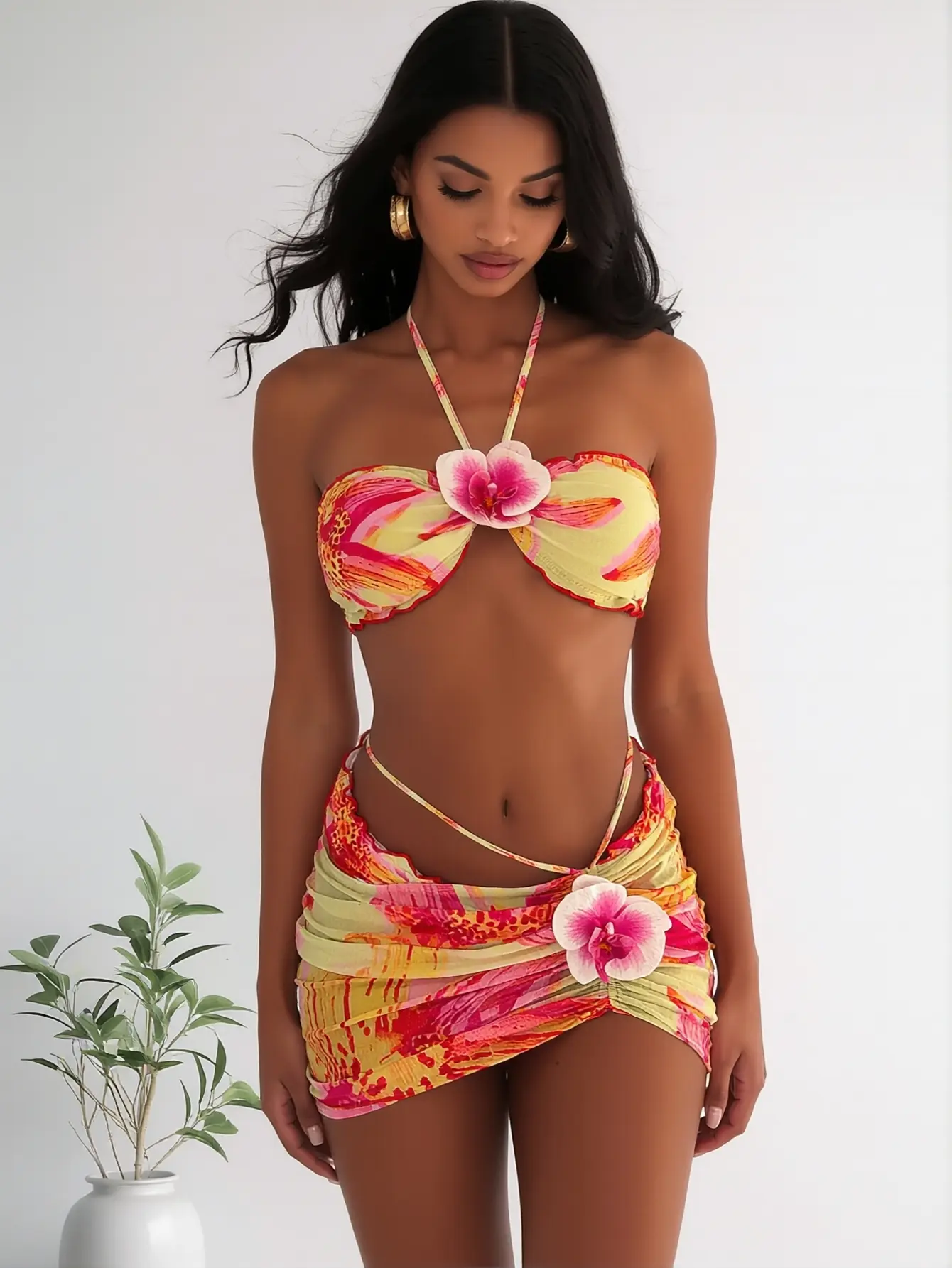 Women's 3-Piece Bikini Set with Skirt, 3D Floral Halter High-Waisted Swimsuit with Adjustable Fit, Stretchy Tropical Beachwear, Bikini Swimsuit Outfit, Floral Print Beachwear, Floral Print Swimsuits