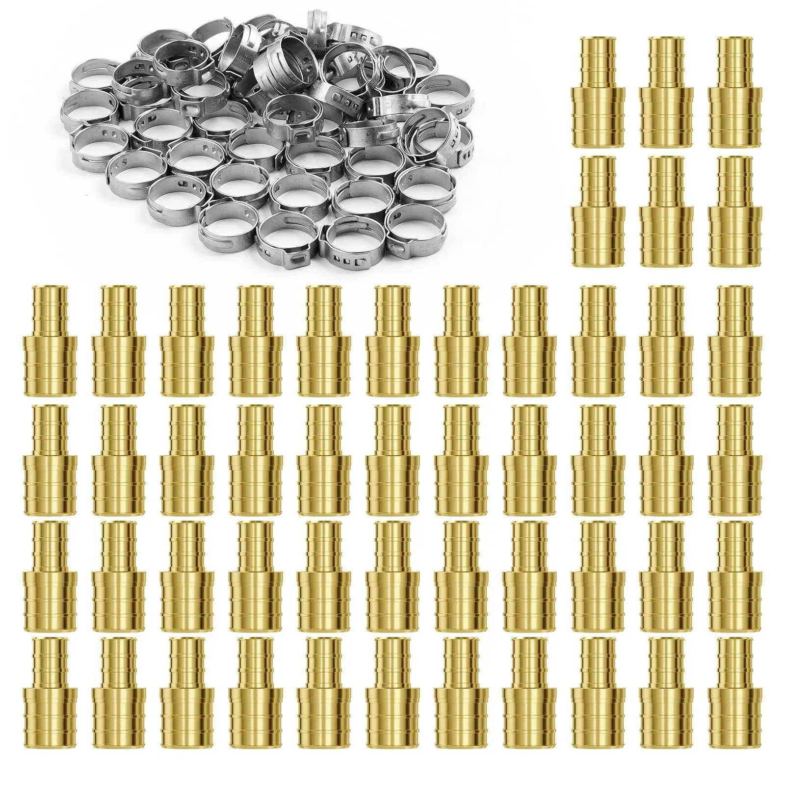 50PCS 1/2"-3/4" Clamp-Style Brass Pipe Fittings, 1/2 NPT Internal Thread Heavy-Duty Plumbing Connectors with 100PCS Stainless Steel Clamps, 100PSI High Temp Resistant NPT Adapters for PEX/PP Pipe Heating, Shower & RV Water Systems
