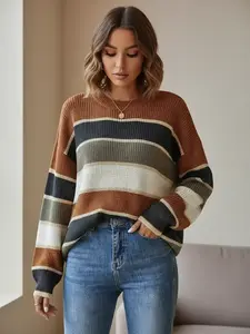 Women's Colorblock Striped Print Drop Shoulder Aesthetic Knitting Sweater, Casual Soft Long Sleeve Round Neck Jumper for Fall & Winter, Fashion Ladies' Knitwear for Daily Wear Tops