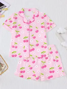 Girls' Cherry Print Pyjamas Set, Summer Short Sleeves & Shorts Pajamas, Casual Fitted Sleepwear for Daily Wear & Travel