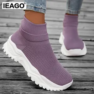 IEAGO Women's High Top Slip-on Casual Walking Running Shoes Cushion Comfy Mesh Jogging Daily Sports Sneakers Black Trainer Athletic Footwear