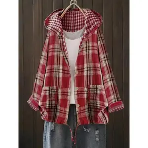 Plus size women's checkered hoodie, casual long sleeved button up front top, autumn and winter fashion, comfortable fit, fashionable designRAIMENTRY