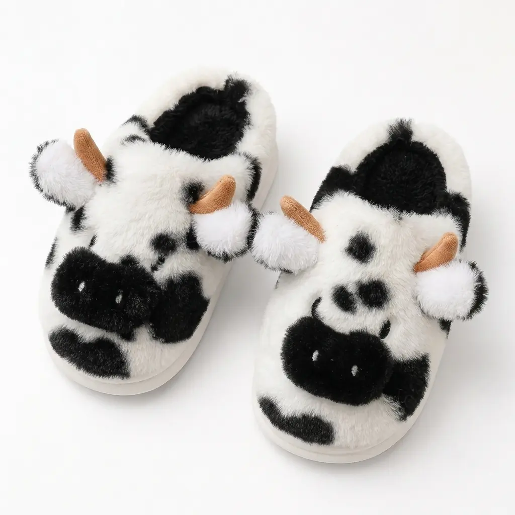 Cute Cow Slippers for Women, Fluffy Plush Animal House Shoes, Cozy Warm Winter Fuzzy Bedroom Slippers, Non-Slip Indoor Home Mules Gift