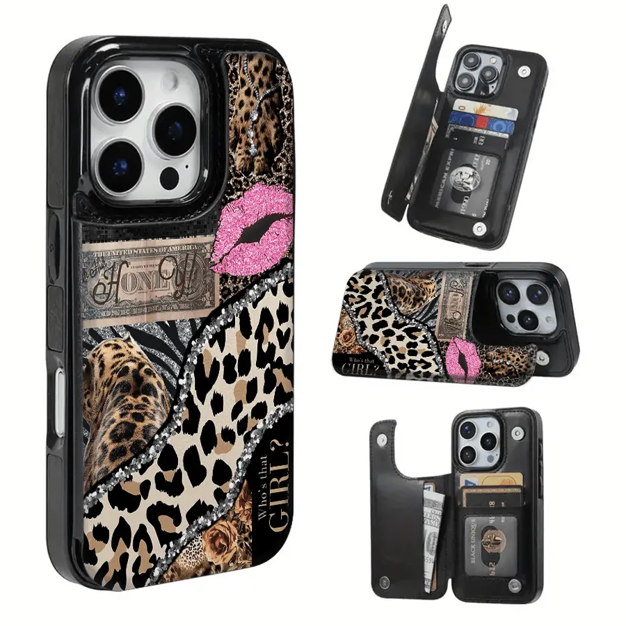 Pink Leopard Print Flowers Multifunctional Smartphone Cover - Multi-Model Cellphone Accessories with Credit Card Slot, Halloween Gift Idea, Compatible with iPhone 17/16/15/14/13/12 Series, Iphone Series