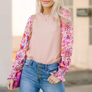 Oatmeal Floral Printed Patchwork Smocked Lantern Sleeve Knit Top