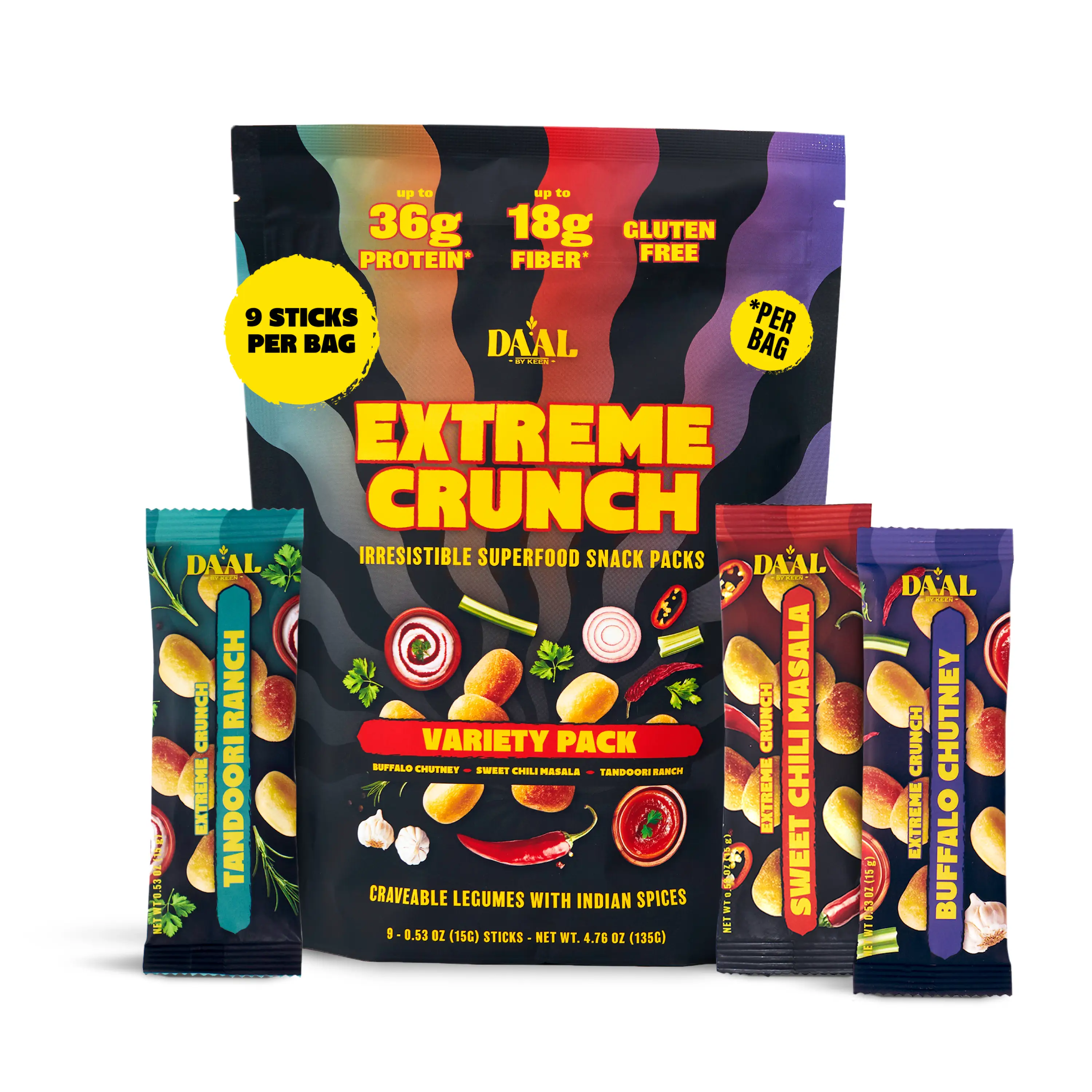 DAAL Variety Pack – High Protein, High Fiber Crispy Bean Snack | Tandoori Ranch, Buffalo Chutney & Sweet Chili Masala