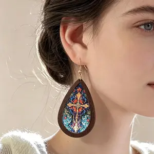 Colorful Stained Glass Cross Earrings for Women, Vintage Teardrop Wood Frame Dangle Earrings, Gothic Cathedral Window Inspired Drop Earrings, Religious Faith Jewelry Gift, TikTok Viral Spring New Arrival mom girlfriend