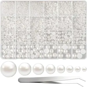 MIAHART 11,070 Pcs Flatback Pearl Beads – 8 Sizes Half-Round Pearls for Crafts, DIY, Embellishment, Shoes, Nail Art, Phone Decor – White
