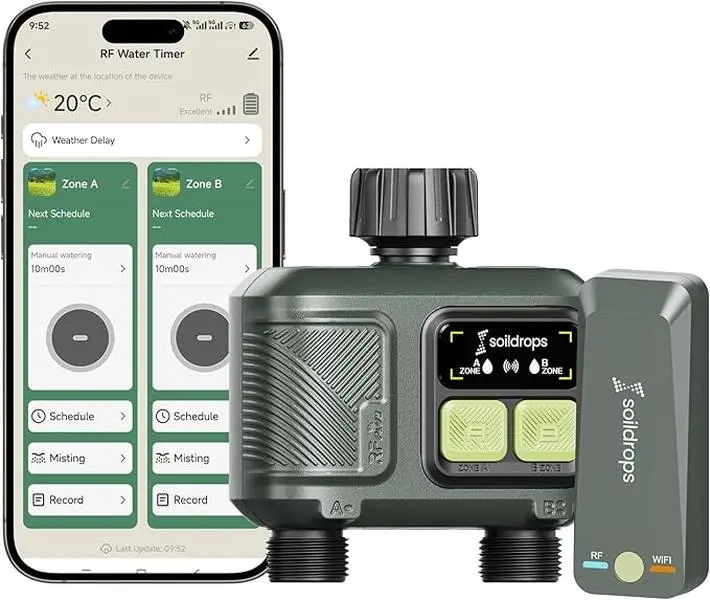 Soildrops Smart Sprinkler Timer — 2 Zones, App Control, 1,000 ft Wi-Fi Hub