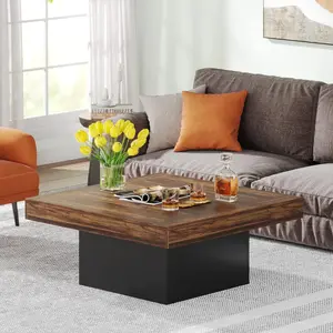 LITTLE TREE Coffee Table Square LED Coffee Table Engineered Wood Low Coffee Table for Living Room Rustic Brown & Black