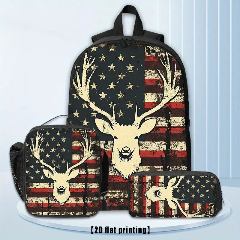 3-Piece Kids Backpack Set, Patriotic American Flag & Deer Print School Bag with Insulated Lunch Box, 600D Oxford with Padded Shoulder Straps, Fits 15-inch Laptop, Vintage American Flag, Synthetic, Zipper, No Wheels, Insulated Lunch Bag, Outdoor Spirit