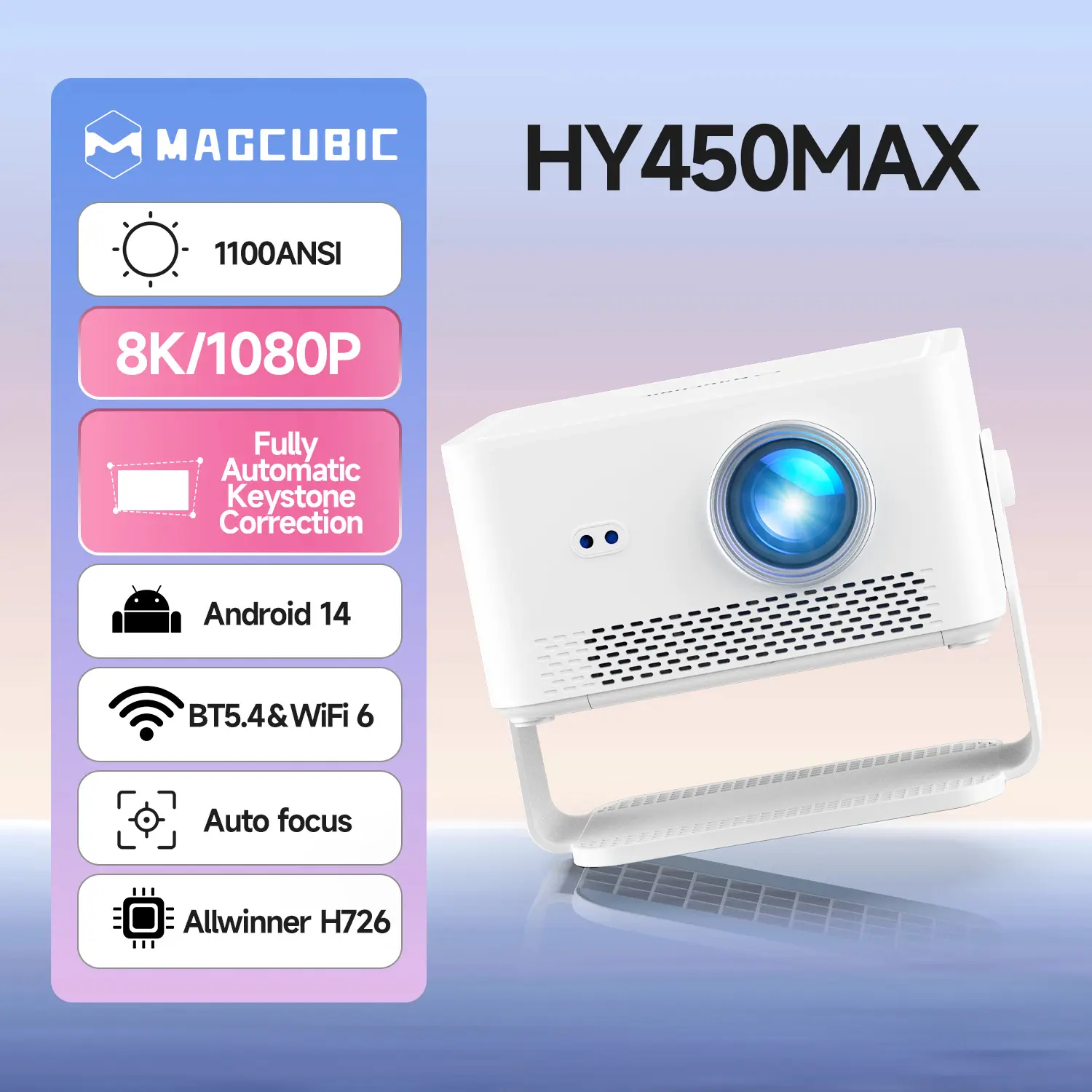 Magcubic HY450Max Projector 1100ANSI 8K Decode Auto Focus 12W Speaker HDR10+ Android 14.0 Dual WiFi6 BT5.4 Fully Automatic Keystone 1.0:1 Throw Ratio Screen Recognize & Automatic Obstacle Avoidance Home Cinema, Movie, Audio #SummerWins #DealsForYouDays su