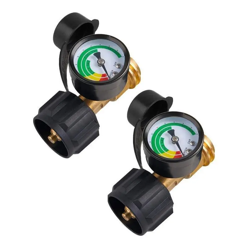 2 Pack Propane Tank Gauge Level Indicator & Leak Detector - Solid Brass, Color-Coded Dial, Accurate Fuel Monitoring, Fits 5-40 lbs Tanks with Type 1 Connection, BBQ Grill Accessories for Fire Pits