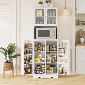 HOSTACK Pantry Cabinet, Tall Storage Cabinet with Microwave Stand, Freestanding Kitchen Hutch with Doors and Adjustable Shelves, Mordern Food Pantry