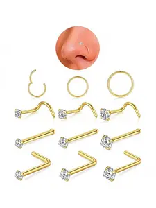 12-Piece Nose Rings and Nose Studs Sets for Women and Men, Hypoallergenic 316L Stainless Steel Hinged Clicker Segment Nose Hoops, Helix, Daith, Tragus, Sleeper Earrings, Gold L-Shape / Corkscrew / Straight Nose Studs, Professional Body Piercing Jewelry