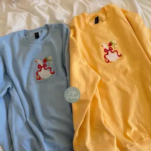 Strawberry Goose Embroidered Spring Sweatshirt Flowers Floral Crewneck Pastel Lightweight Goose