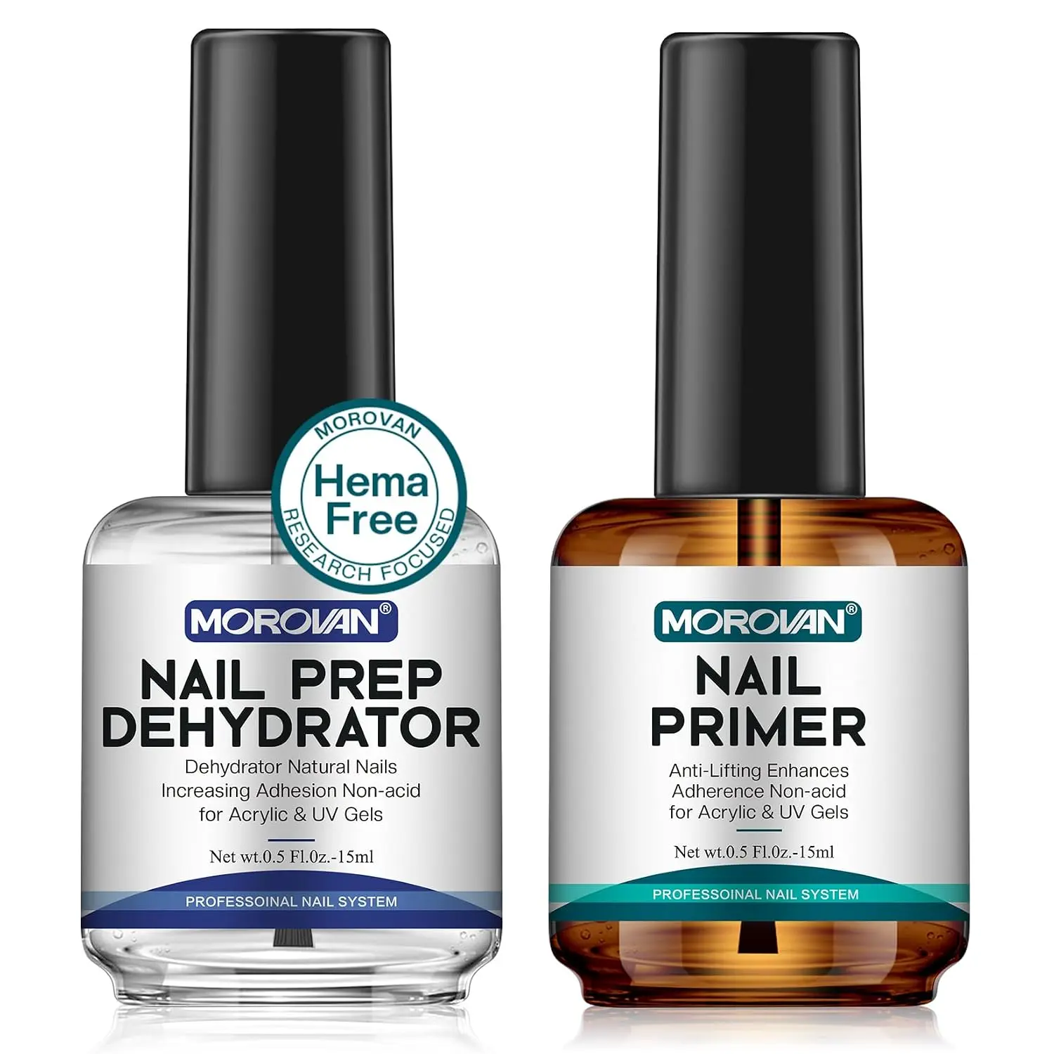 Morovan Professional Natural Nail Prep Dehydrate and Acid-Free Primer, Dehydrator for Acrylic and Gel Nail Polish, Non Acid Primer for UV Gels Fast Dry Superior Bonding Agent Gift Box Set