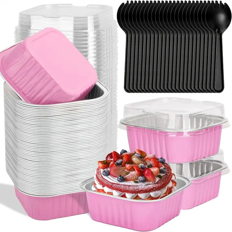 60 Pack 5oz Mini Disposable Aluminum Foil Square Baking Pan with Lid Rectangular Cake Mold for Christmas Halloween Easter Birthday Party Cupcake Brownie Cheesecake Tart Baking Tin Containers
