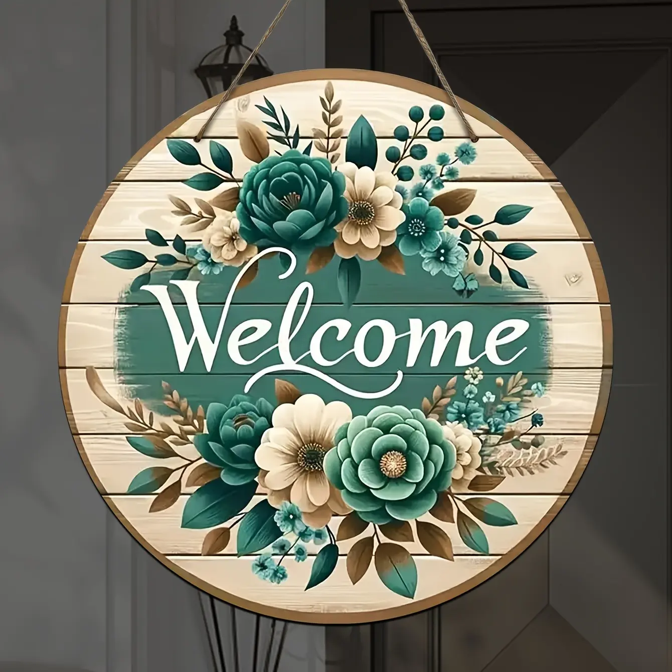 Charming Wooden Welcome Sign with Floral Pattern, Front Porch Sign, Farmhouse Sign, Round Creative Hanging Decor, Perfect for Home and Office Decoration