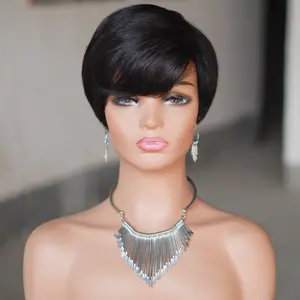 Short Pixie Cut Wig With Bangs, Glueless 180% Density Brazilian Virgin Human Hair, 6 Inch 1B Natural Black Mixed Blonde, Machine Made Wig Caps For Daily & New Year Wear