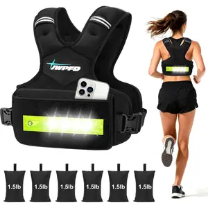 Walking Home Workout Weighted vest for BEGINNERS Adjustable Weighted Vest for Women Men, 6-15 Lbs Rucking Vest with LED Light Strips, Weight Vest with 6 Ironsand Weights, and Zipper Pocket for Strength Training, Walking, Running
