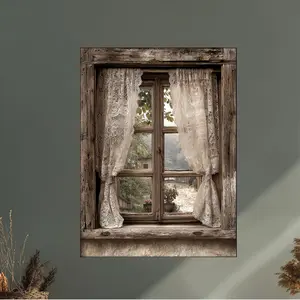 Vintage windowpane canvas wall art lace curtain design - rustic farmhouse style, beige and brown country landscape print, suitable for home décor, easy hook installation.
