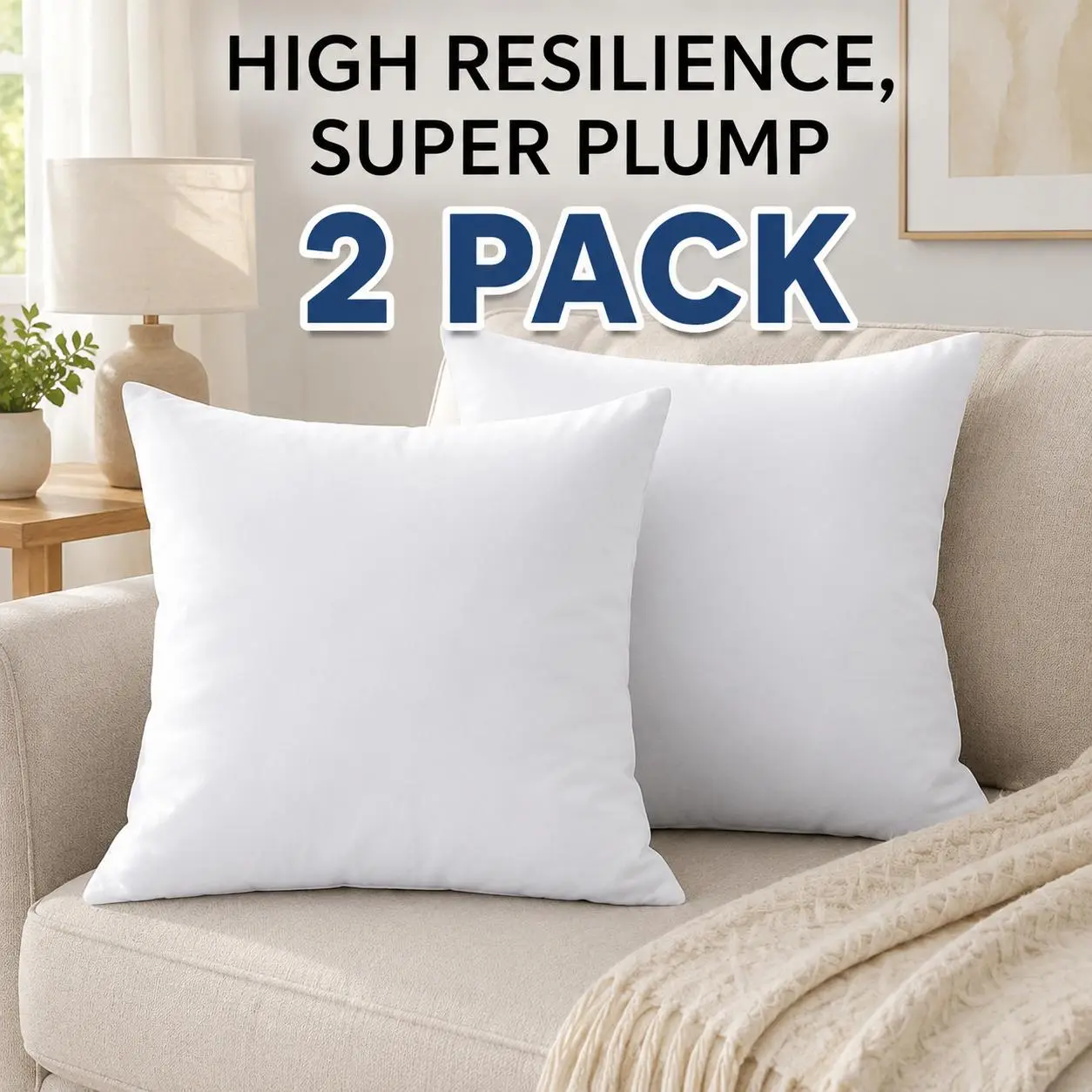20x20 Inch  Inserts Set of 2, Soft Fluffy Polyester Filled Square Throw , Machine Washable Decorative  Stuffers for Couch, Sofa, Bed, Living Room Decor  pillows
