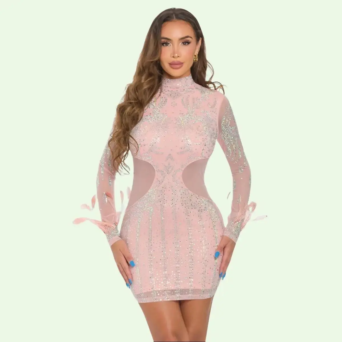 Sandie Rhinestone Long Sleeves Bodycon Mini Dress-Mauve Casual Sexy