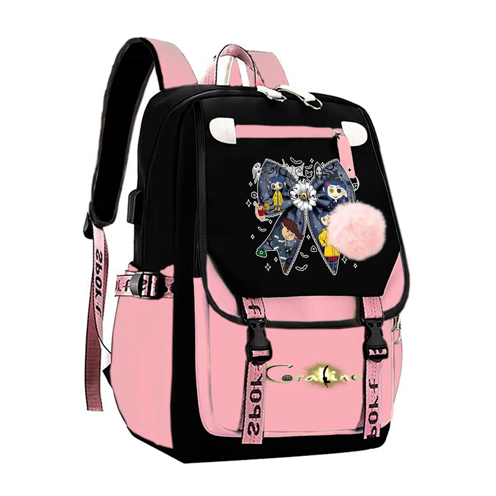 Coraline Graphic Backpack for Girls, Y2K Pink and Black School Bookbag with Keychain, Waterproof Travel Laptop Bag for Teens College d-9