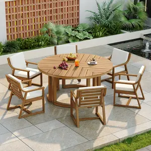 6-Person Round Patio Dining Set with Umbrella Hole, Outdoor Wooden Table & Chairs Set with Removable Cushions for Garden, Backyard & Poolside
