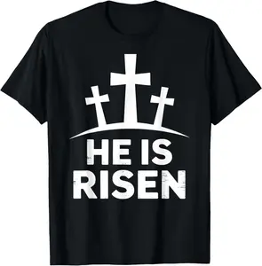 Menswear 100% Cotton Natural Soft Short-Sleeve Unisex Graphic T-Shirt - Christian Easter "He Is Risen" Cross Design