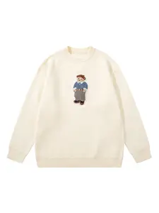 Unisex Cartoon Bear Print Crew Neck Sweater, Casual Loose Long Sleeve Jumper for Fall & Winter, Fashion Mens' Knitwear for Daily Wear, Graphic Pullover, Tops