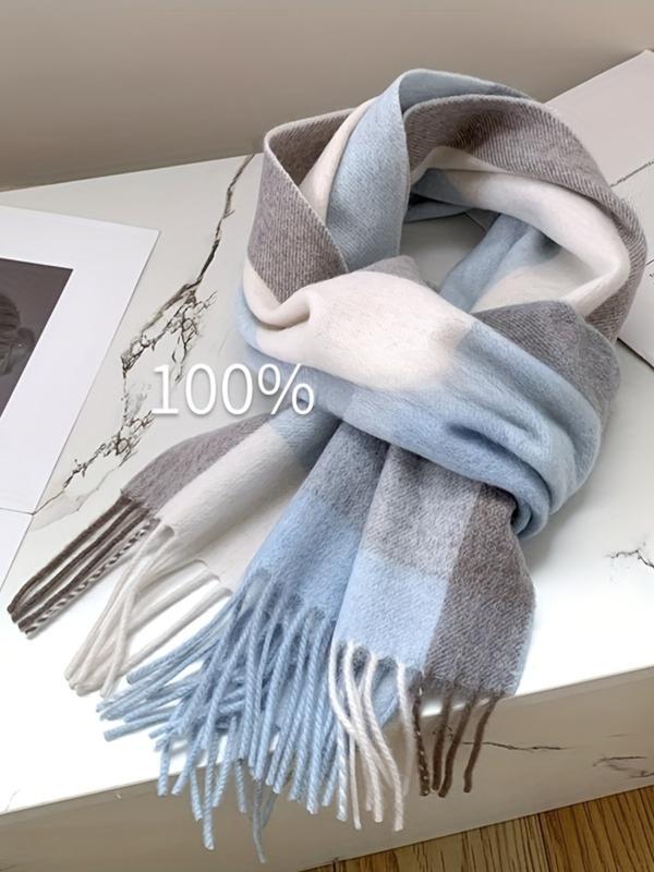 Women's Plaid Wool Scarf, High-End Winter Shawl, Pure Wool Neck Warmer, Perfect Birthday Gift, Stylish and Warm Accessory, Tassel Decor Scarf