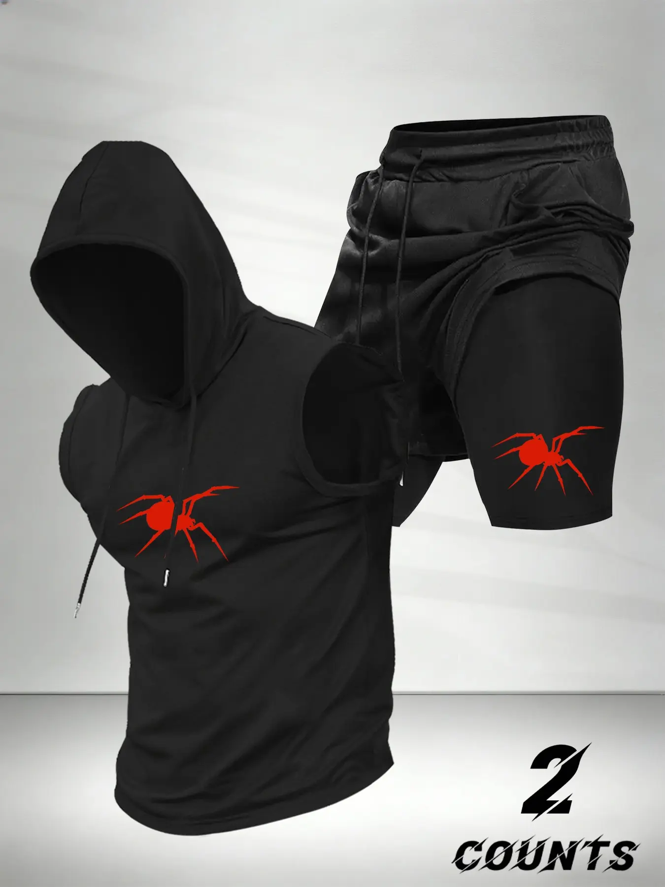 Men's Fashion 2-Piece Activewear Set, Spider Print Hooded Sleeveless Vest Top and Drawstring Waist Athletic Basketball Shorts, Casual Comfort Gift, Sportswear Set