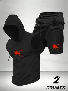 Men's Fashion 2-Piece Set, Athletic Wear, Athletic Tracksuit Set, Spider Print Hooded Sleeveless Vest Top and Drawstring Waist Basketball Shorts, Casual Comfort Gift