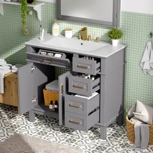 36" Gray Modern Bathroom Vanity with Ceramic Sink, Soft Close Doors, 4 Drawers for Storage, Elegant Design for Small Bathrooms   WL RR