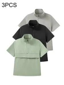 3-Piece Set Boys' Plain Short Sleeve Shirts, Stand Collar Zipper Design, Casual Loose Fit, Ideal for School & Outdoor Activities