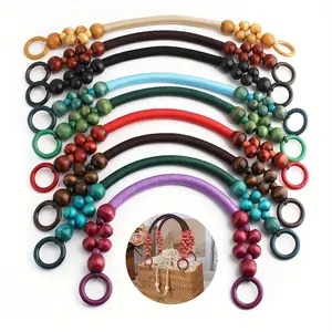 2Pcs 9 Colors Woven Wood Beads DIY Bag Handle, Ethnic Style Purses Wooden Bead Handle, Nylon Rope Wood Beaded Handle Straps, Wrist Bag Making Replacement Accessories DIY wallet making