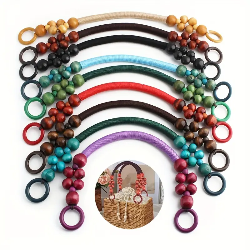 2Pcs 9 Colors Woven Wood Beads DIY Bag Handle, Ethnic Style Purses Wooden Bead Handle, Nylon Rope Wood Beaded Handle Straps, Wrist Bag Making Replacement Accessories DIY wallet making